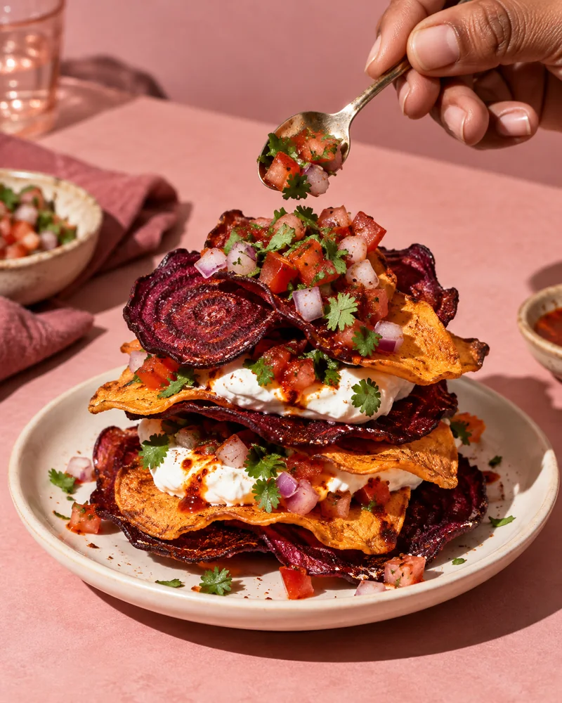 A stack of beetroot and sweet potato crisps layered with yoghurt and tomato salsa, with salsa being spooned on top