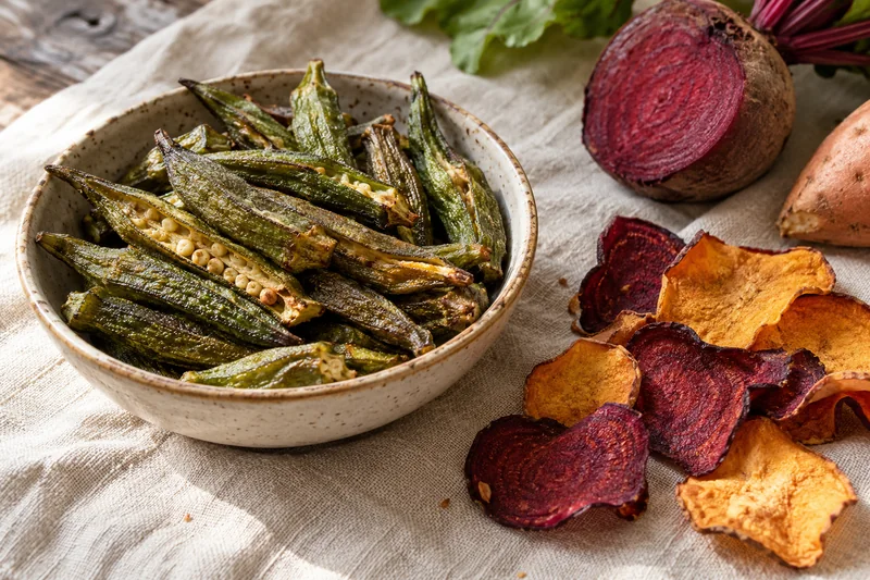 A bowl of okra crisps beside beetroot and sweet potato crisps, with a fresh beetroot and sweet potato