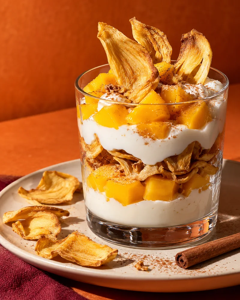 A glass layered with yoghurt, mango and crispy jackfruit pieces, dusted with cinnamon