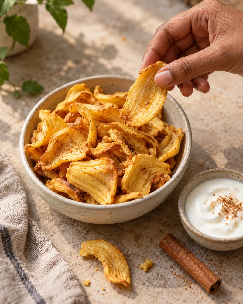Cinnamon jackfruit crisps in a bowl, with yoghurt served separately on the side