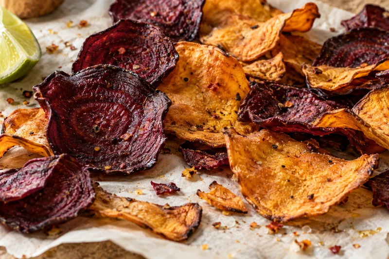Close-up of beetroot and sweet potato crisps with seasoning and a lime wedge