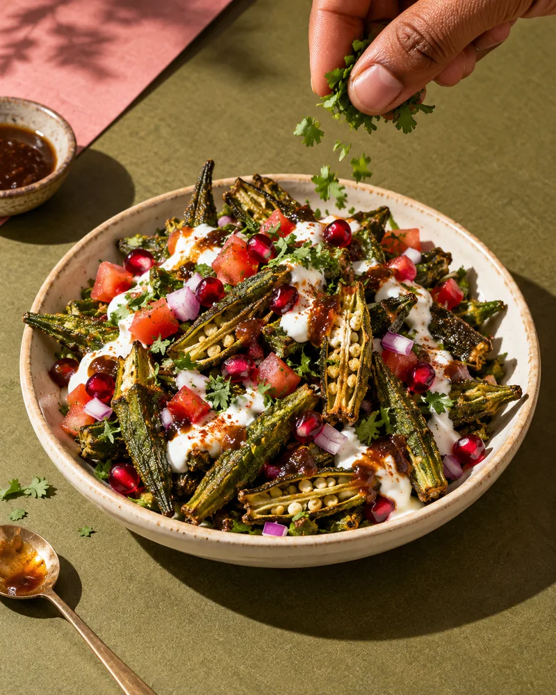 Crispy okra in a bowl topped with yoghurt, chutney, tomato, onion and pomegranate, with coriander being sprinkled over