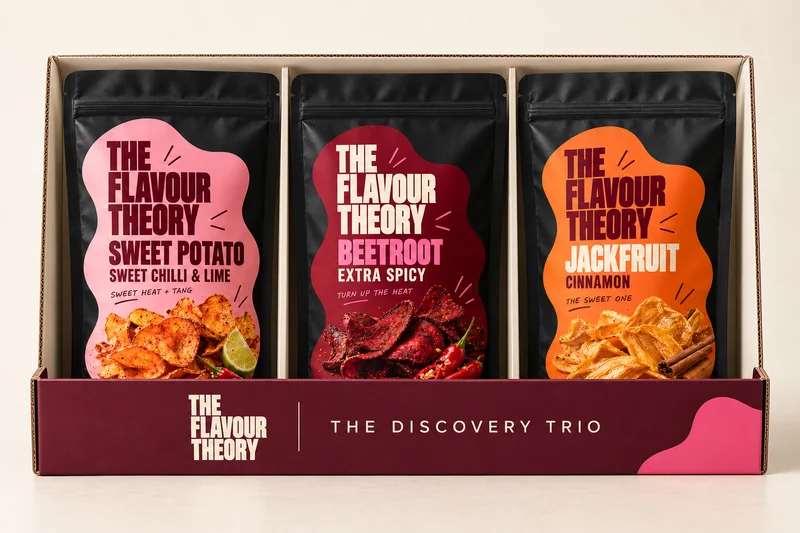 Concept for The Discovery Trio box: Sweet Potato, Beetroot and Jackfruit packs standing in a folding card box